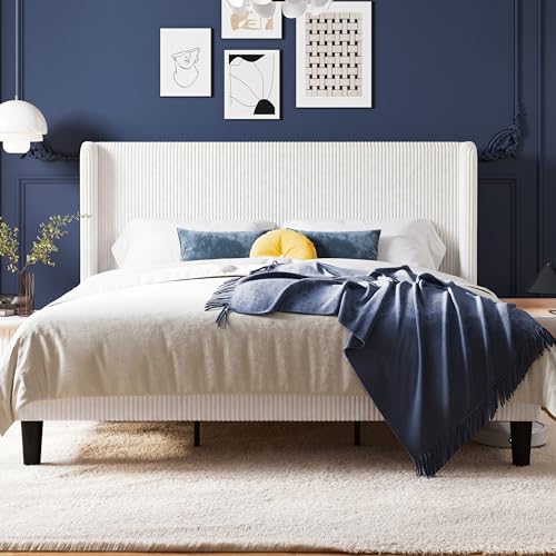 Image of Allewie King Size Platform Bed with Corduroy Wingback Headboard, White | 1000 lb Capacity, Corduroy Wingback Headboard, Vertical Channel Design, Wood Slat Support, No Box Spring Needed /Easy Assembly