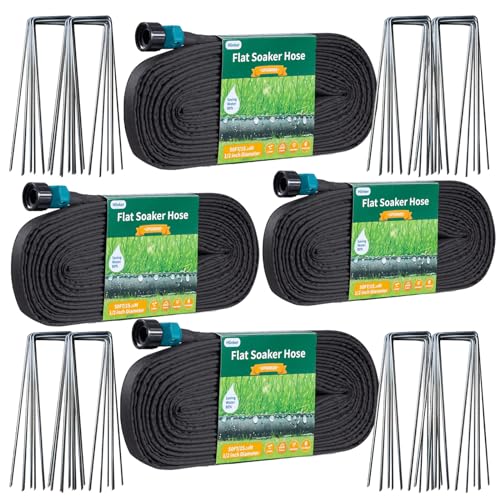 Hlinker 2026 Flat Soaker Hose 200 ft (50ft 4Packs) with Stake for Garden, Linkable Drip Hose Diy Automates Garden Irrigation System Saving 90% Water, Dual-layer Leak-free Design Water Hose with Holes