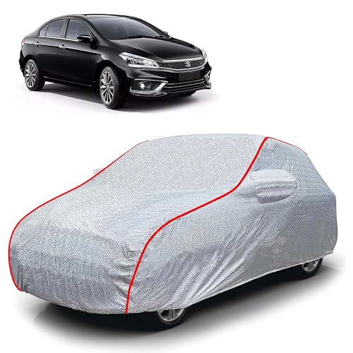 Image of Sulfar 100% Waterproof Car Body Cover Compatible with Mirror for Maruti Suzuki Ciaz (Triple Stitched, Full Bottom Elastic, Magic Silver with Red Piping)