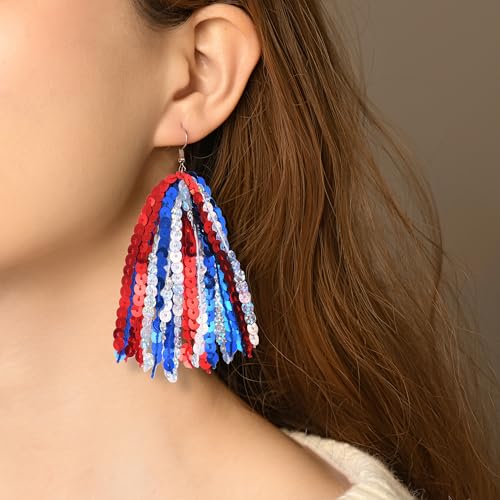 RareLove Fourth of July Accessories Lightweight Patriotic Earrings Red White and Blue Sequins Fun Dangle Tassel Earrings for Women Alloy Plated2