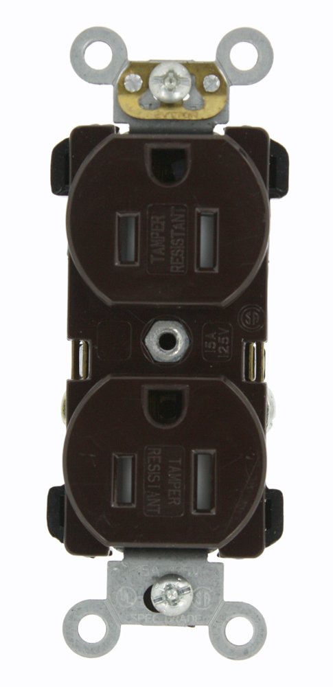 Leviton TBR15 15 Amp, 125 Volt, Narrow Body Duplex Receptacle, Straight Blade, Tamper Resistant, Commercial Grade, Self Grounding, Brown