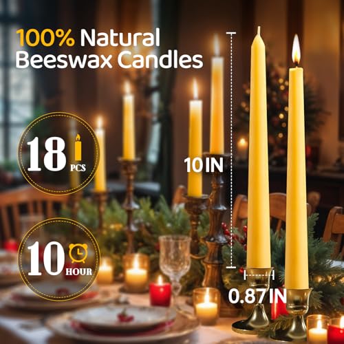 Image of Beeswax Taper Candles,100% Natural Bees Wax Candle Sticks,18 Pack,10 Inch | 100% Pure,8 H long clean burning,dripless,smokeless yellow tapered candlesticks for home,dinner table,prayer,wedding