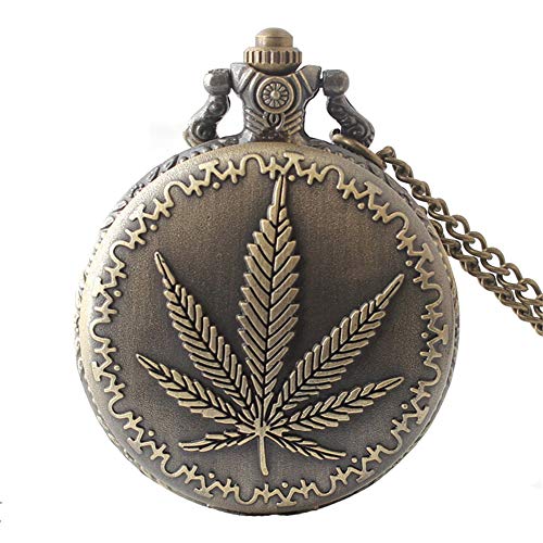 Taschenuhr, Cannabis-Blatt, Blumenmuster, arabische Zahlen, Quarz, Retro, Biker, Bronze, Halskette für Herren und Damen
