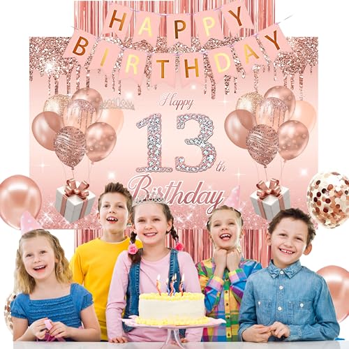 Image of 13th Birthday Decorations for Girls,Banner,Backdrop, it's my 13th Birthday Sash, Sweet Rhinestone Tiara Crown,Balloons