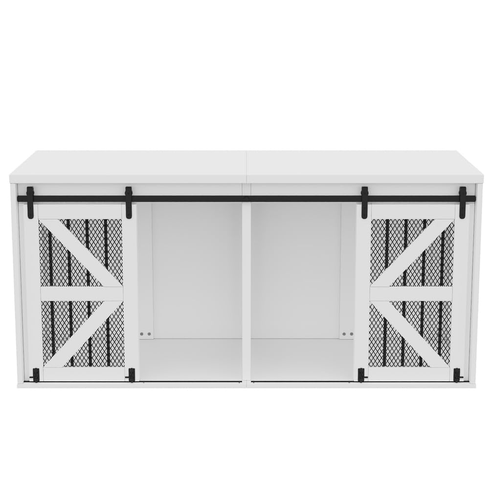 Hundeschrank mit Scheunentor-Tür, 160 x 60 x 75 cm Hundebox Möbel | Indoor-Hundehaus aus Metall und Faserplatte für Zwei Hunde, mit fester mittlerer Trennwand, mit Schiebetüren, Weiß