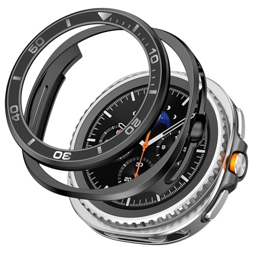 AMANECER Rugged PC Case & Metal Bezel Ring for Galaxy Watch 8 Classic 46MM Stylish Anti-Scratch Protective Cover with Adhesive Rotating Steel Frame Loop for Samsung Smartwatch 2025 Release Black