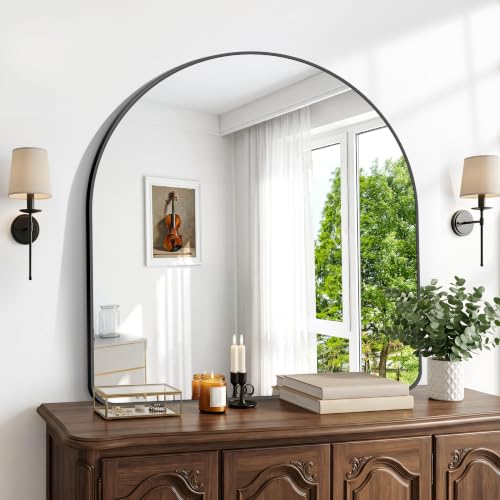 Image of BONEWEI Arched Wall Mirror,42x42 inch Black Arched Mirror Bathroom,Large Vanity Mirror for Over Sink Metal Frame,Tempered Glass Arch Mirrors for Bedroom,Entryway,Living Room,Home Decor Shatter-Proof