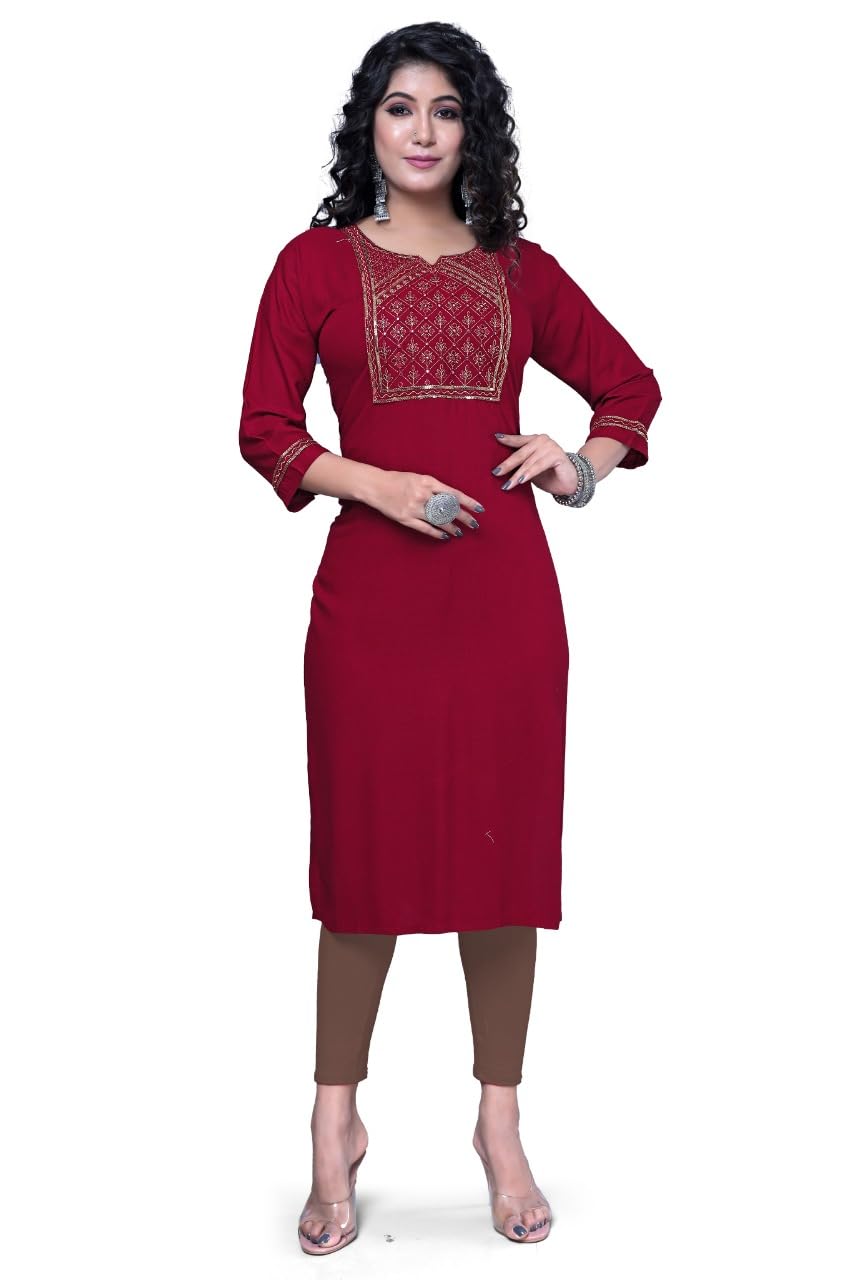 PECAPRO Women's Cotton Embroidered Straight Stitched Zari Work Rayon Kurta & Kurti