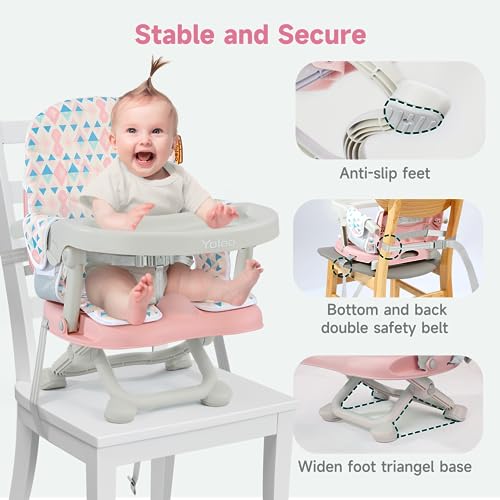 Image of YOLEO Baby High Chair Booster Seat for Dining Table, Foldable High Chairs with Adjustable Heights, Travel Booster Seat with Removable Tray