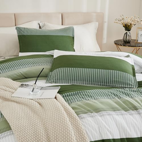 Litanika Olive Green Comforter Set King - 3 Pieces Lightweight Olive Green White Colorblock Stripe Fluffy Bedding Comforter Sets, All Season Bed Set