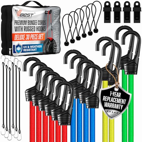 vbest Bungee Cords with Hooks - Heavy Duty Outdoor UV & Weather Resistant 28pc Assortment with 4 Free Tarp Clips, Ball bungees, Canopy Ties & Storage Bag