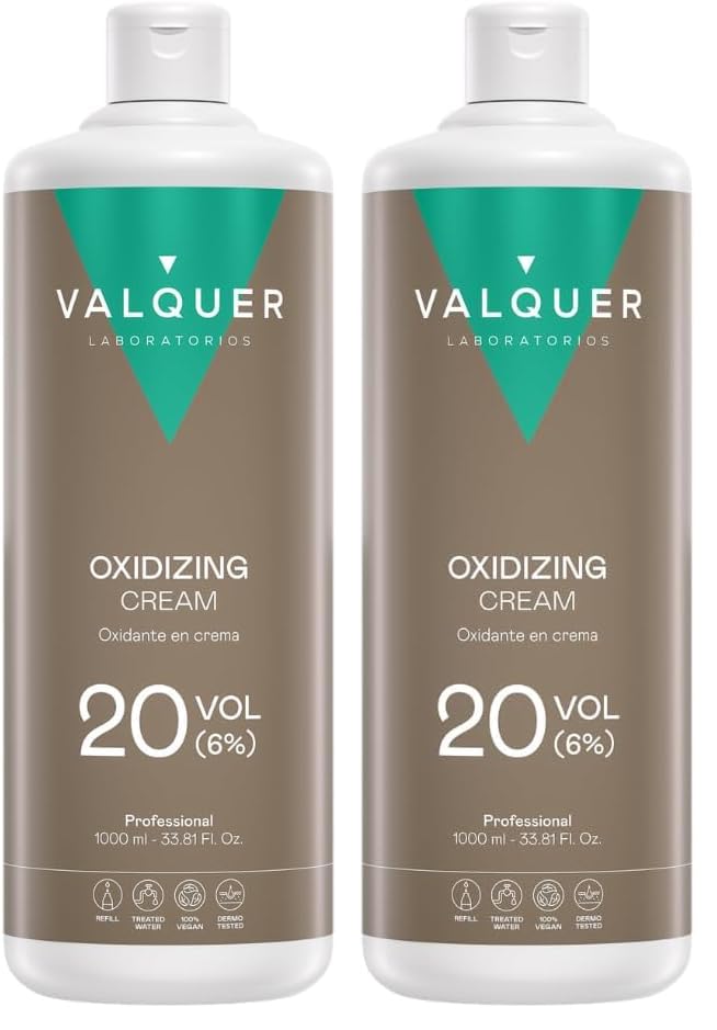Valquer Profesional Oxigenada Estabilizada en Crema, 20 Volumenes (6%). Coloración capilar permanente. Uso profesional peluquería. Formulación vegana - 1000 Ml (Paquete de 2)