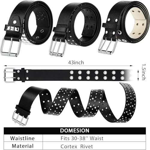 3 Pieces Punk Rivet Belt Set, Genuine Leather Gothic Belts for Men and Women3