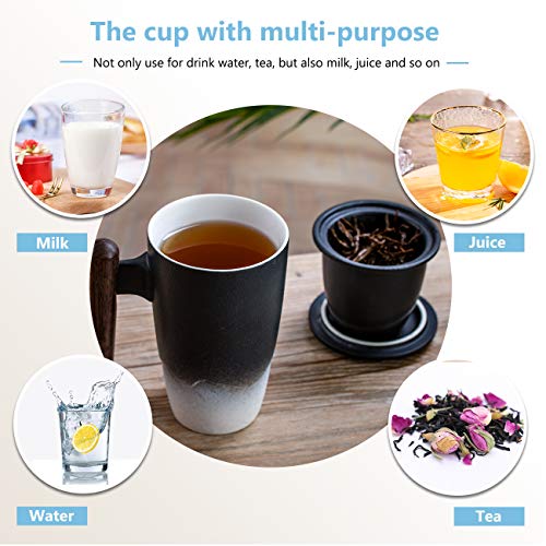 Tomotime Ceramic Tea Cup with Infuser and Lid Tea Mugs Wooden Handle 400ml/13.4oz Black