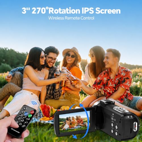 Image of Camcorder Video Camera 4K, 42MP Digital Camera for Vlogging, 3 inch 270 Rotating Screen 18X Digital Zoom Video Recorder for YouTube Beginners with Remote Control, 2 Batteries, 32GB SD Card