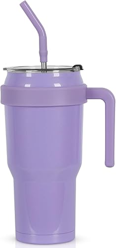 Miniatura 1 de Vaso de 40 onzas con asa y pajilla, taza de acero inoxidable con doble aislamiento con asa, taza de café de viaje de 40 onzas con tapa a prueba de