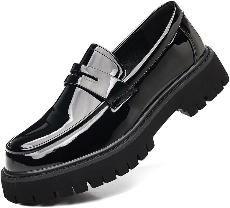 Men’s Patent Leather Platform Chunky Loafers – Classic Toe Lug Sole Business Casual Slip-On Penny Shoes