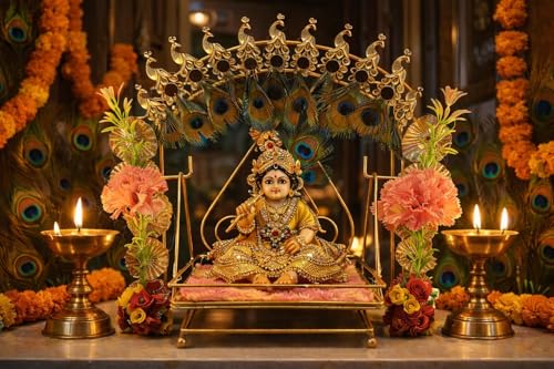 Image of AGAAS ENTERPRISES Laddu Gopal Jhula with Peacock Feather Crown - Handcrafted Metal Krishna Swing with Golden Peacock Arch & Mor Pankh for Janmashtami, Bal Gopal Palna for Home Mandir (Golden, 12 Inch)