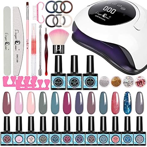 FINGER QUEEN Gel Nail Polish Kit 12 Colors Gel Nail Polish Starter Kit With UV Light 120W High-power LED Nail Lamp Base Coat Top Coat Essential Home Manicure Tools DIY Home Gel Nail Kit for Women (01) Cover