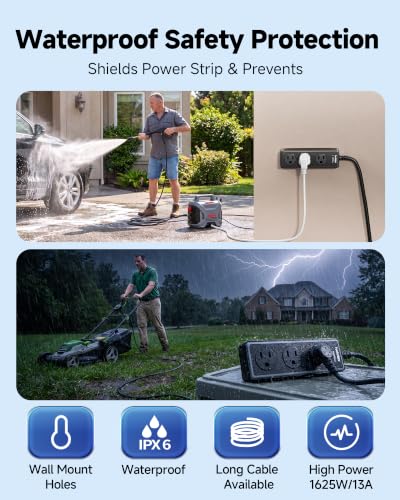 Image of Outdoor Power Strip Weatherproof, 3 AC Outlets, 1625W /13A High-Power Single-Device Use, IPX6 Waterproof Extension Cord for Backyard, Patio, Home Office, Garage, Workshop, Camping, 10FT