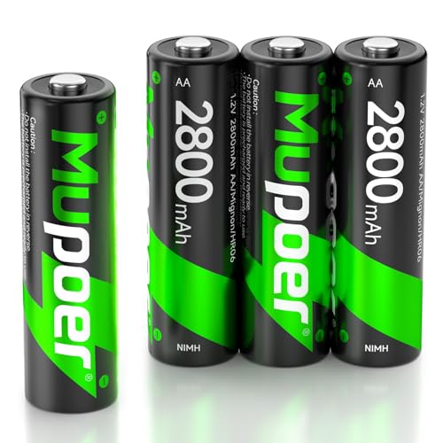 Image of Mupoer Rechargeable AA Batteries 4 Pack, Ni-MH 2800mAh High Capacity 2A Battery, 1.2V Double A Low Self Discharge Batteries