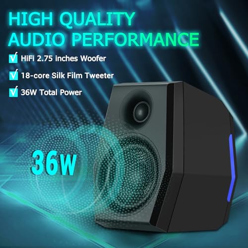 SW209 36W 2.0 Computer Gaming PC Multimedia Lautsprecher, Mehrfacher EQ-Sound-Modus, Bluetooth 5.0 USB 3.5mm Aux Eingänge, RGB-Leuchten, für Laptop Desktop Monitor (Paar, Schwarz) – Bild 3