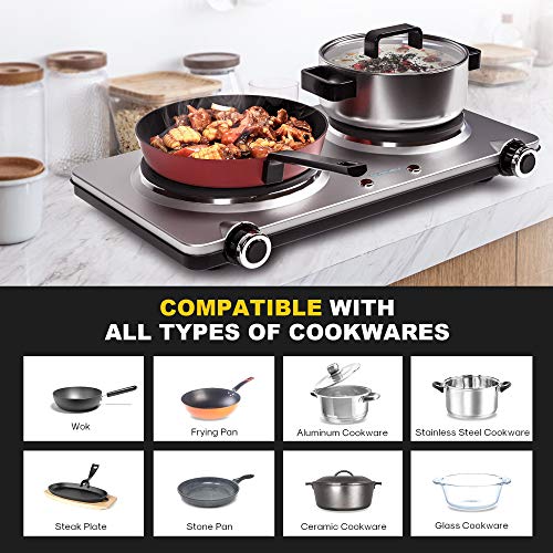 Giveneu Electric Double Burner Hot Plate For Cooking, 1800W Portable Electric Stove, 6 Speed Adjustable Thermostats, Stainless Steel Hot Plate For Kitchen, Dorm And Camping #TOP3