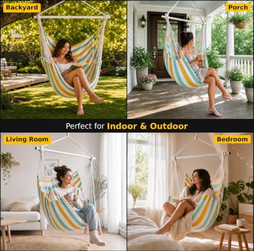 Image of ADVOKAIR Hammock Chair Swing, Heavy-Duty Hanging Rope Swing Seat Supports 500 Lbs, Ideal for Outdoor Patio, Backyard, Porch, Deck & Indoor Bedroom Use