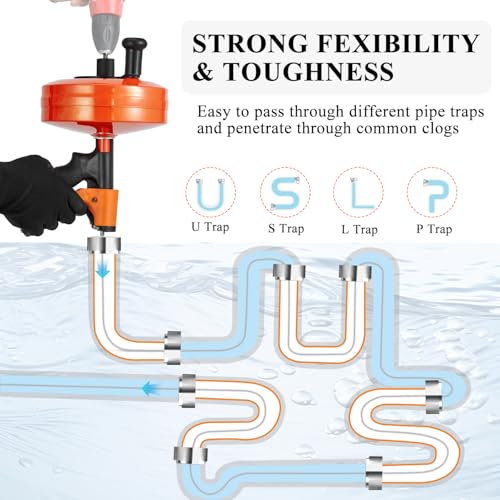 Image of 50 FT Drain Snake Auto-Feed Drill Attachment Plumbing Auger | 50 FT Drain Snake Auger, Auto-Feed & Drill-Powered, Heavy Duty Steel Cable, Gloves & Hair Removers