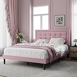IOILORI Queen Size Bed Frame, Velvet Upholstered Platform Bed with Adjustable Tufted Headboard, Sturdy Frame and Slats, Noiseless, No Box Spring Required, Easy to Assemble, Beige (Pink6610, Full)