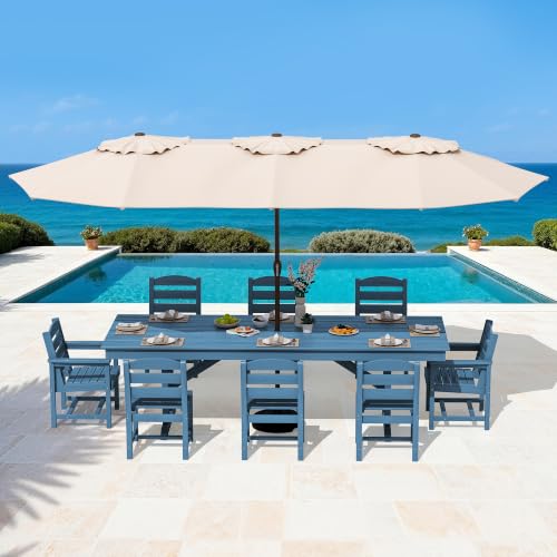 Image of SERWALL 9 Piece 84 inch HDPE Outdoor Dining Set with 6 Armless Chairs, 2 Armchairs and Umbrella Hole for 8, Blue