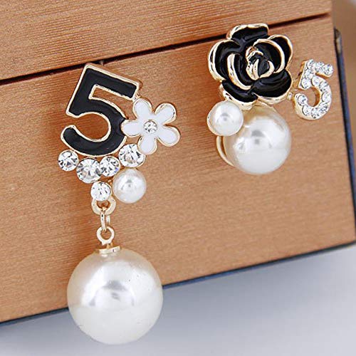 Faux Imitation Pearl Black Floral Dangle Drop Earrings Studs2