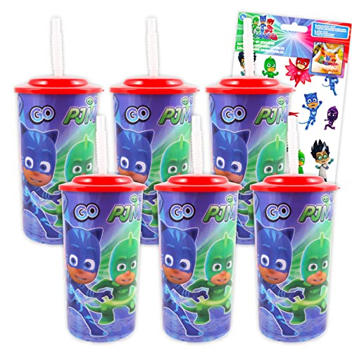 PJ Masks 16 Oz Reusable Cups - PJ Masks Party Favor 6 Piece Bundle with 16 Oz Cup with Lid and Straw Plus PJ Masks Stickers for Boys and Girls (PJ Masks Tumbler with Straw)
