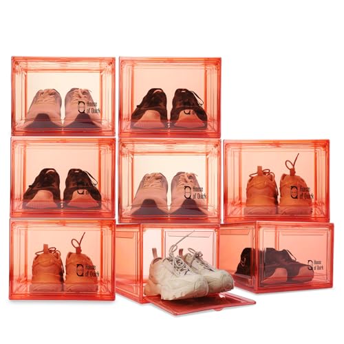 Image of House of Quirk Shoe Organizer, Shoe Storage Boxes, Large Shoe Boxes with Magnetic Door, Clear Stackable Plastic Shoe Containers (Pack of 8, Red)