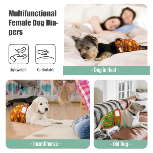 Image of wegreeco Female Dog Diapers, Washable Reusable Pet Puppy Doggie Diapers for Small Medium Large Female Dogs in Heat Period, Doggy Period Panties, 5 Pack, Medium, Autumn Colors Pattern