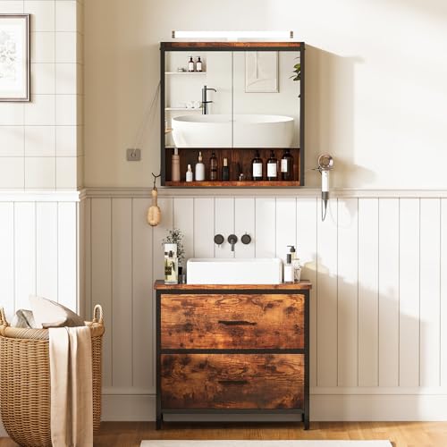 ELUCHANG Ensemble Meuble Salle de Bain 2 pièces,Armoire Murale Salle de Bain avec LED, Meuble sous lavabo avec 2 Tiroirs,étagères réglables, Style...