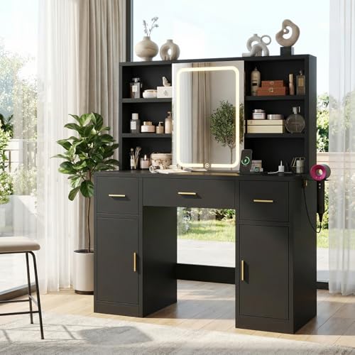 Image of knoworld Makeup Vanity Desk with Sliding Mirror and LED Lights, Large Makeup Vanity W/Power Outlets, 7 Open Storage, 3 Drawers & 2 Cabinets, Hairdryer Holder, Dressing Table for Women & Girls Bedroom