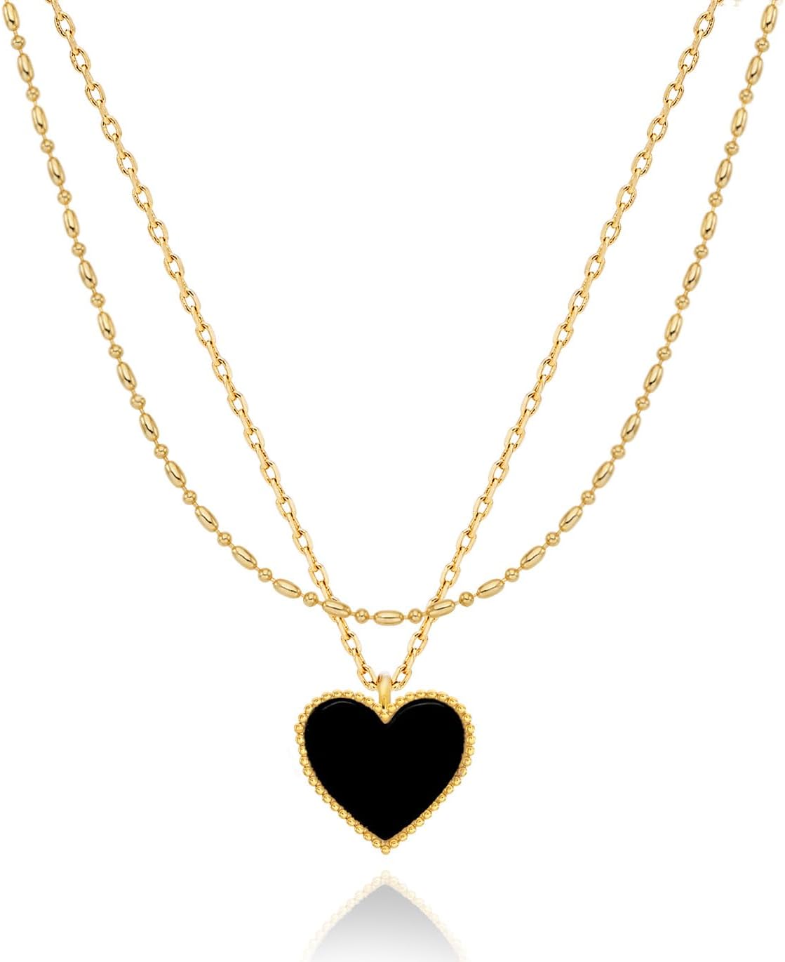 OZEL Layered Necklace for Women, 2-Strand Stainless Steel Bead & Cable Chains with Butterfly, Heart or Flower Pendant, Black Onyx or White Mother of Pearl