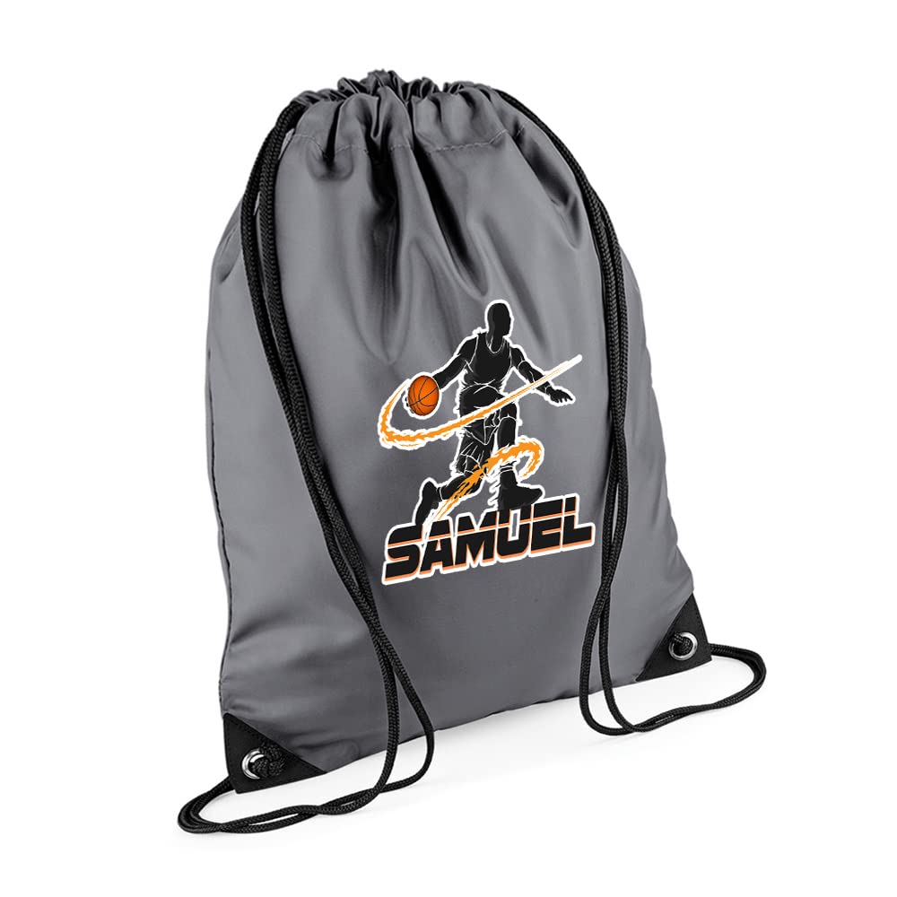Personalised Basketball Player ANY NAME Sports Lover Gift for Men, Boy, Friend, Birthday present Drawstring Bag, PE Gym Kit Swimming, Sport Rucksack. (Graphite Grey) — image 1