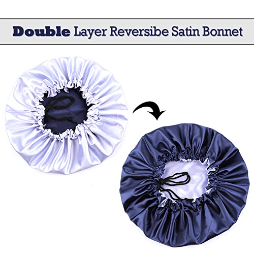 Image of Extra Large Adjustable Double Layer Satin Hair Bonnets with Drawstring for Women Night Sleeping Long Silky Satin