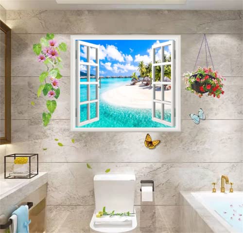 Thnwsy Self-Adhesive Wall Sticker Romantic Living Room Bedroom Study Office Decorative Wall Sticker Ocean Scenery Fake Window Sticker Mural (17.3"×27.6", Crescent Beach) #TOP1