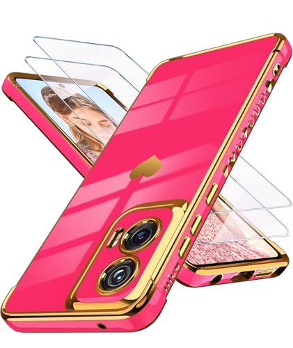 Dretal for Motoro Moto-G-Stylus-5G-2024 Case with 2X Screen Protector, for Girl Women Cute Girly Love-Heart Luxury Gold Soft Cover Camera Protection Bumper Silicone Shockproof Phone Case(Hot Pink)