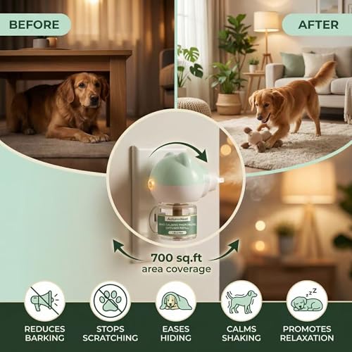 Image of Dog Pheromone Diffuser Kit, Pet Diffuser for Stress Support, Reduces Stress and Promotes Relaxed Behavior, 2 Plug-in + 4 Packs Refill, 120 Day Supply (Non-Toxic, Safe & Inedible), Diffuser with Light