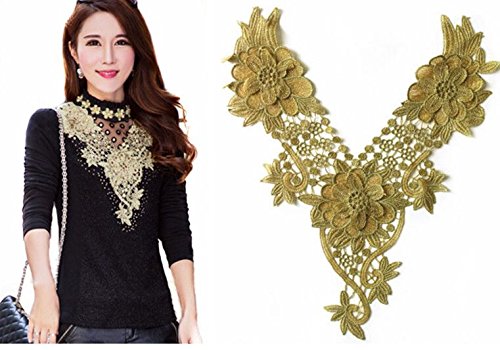 Embroidered Gold Metallic Flower Lace Collar Neckline Scrapbooking Patch Venise Applique Trimming T562 #TOP5