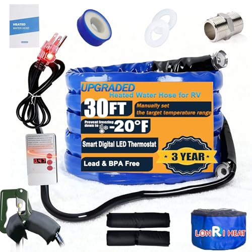 30FT Heated Water Hose for RV | Smart Digital LED Thermostat for Manual Control & Energy Savings | Freeze Protection to -20F | Lead & BPA Free Drinking Safe Hose | 3/4 GHT for Camper Garden Home