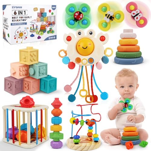 Image of Baby Toys 6 to 12 Months- 6 in 1 Montessori Toy for Toddlers 1-3, Sensory Shapes Storage Bin Stacking Blocks Rings First Bead Maze Pull String Teether, Infant Toys Gifts for 1 2 3 Year Old Boys Girls