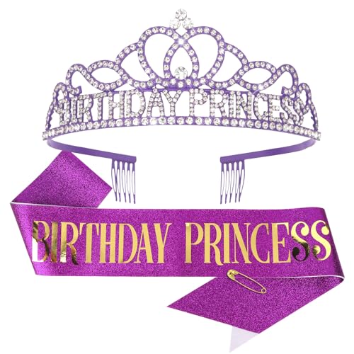 CIEHER Purple Birthday Crown and Princess Sash Set, Birthday Girl Decorations for Women and Girls