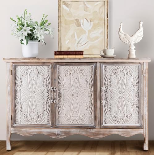 FansaFurn Accent Storage Cabinet with 3 Carved Doors and Shelves, Farmhouse Sideboard Buffet Sideboard with Storage, Wood Kitchen Cabinet for Living Room, Entryway, Dining Room and Kitchen, Wash Grey