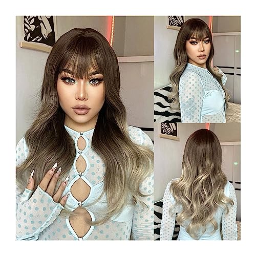 Perruque cheveux longs ondulés synthétique avec frange ombré brun blond gris frêne