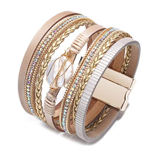 GVUSMIL Womens Multi-Layer Leather Wrap Bracelet Bohemian Handmade Wristband Braided Rope Cuff Bangle Bracelets Jewelry for Women Teen Girls Mother (Pearl-Gold)